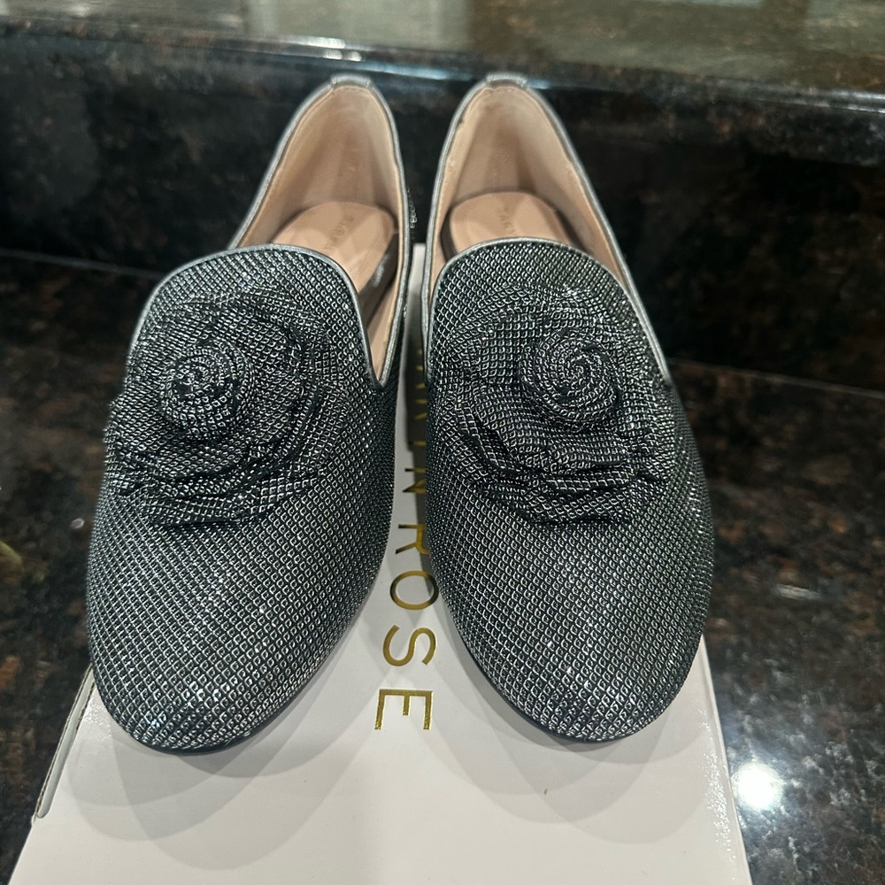 Elegant Black Crystal Leather Loafers with Floral Detail